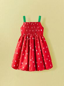 THE HAPPY LOOK Young Girls Green Strap Red Strawberry Print Floral Hem Dress, Cute Party Style