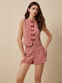 Poéselle Women 2 Pieces Set Sleeveless Vest And Mini Skirt, Casual Stylish Outfit For Summer, Cute Outfits For Women,New Chinese Style Top With Shorts Suit,Red And White Checkered Fabric Suit - Red - View 7