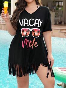 Swim Lushoire Women Plus Size Printed V-Neck Short Sleeve Loose Beach Coverup For Summer Beach Vacation - Black - View 1