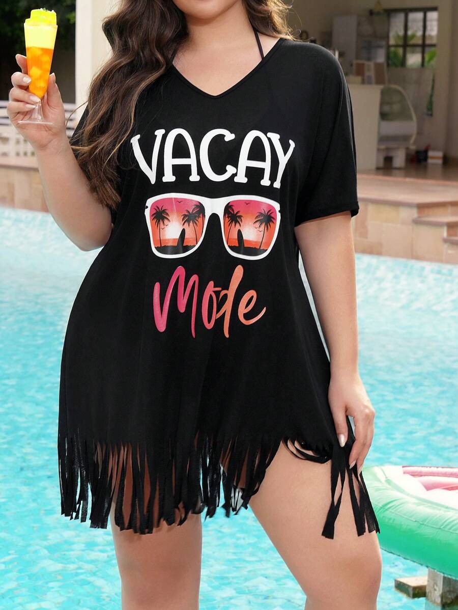 Swim Lushoire Women Plus Size Printed V-Neck Short Sleeve Loose Beach Coverup For Summer Beach Vacation - Black - View 1