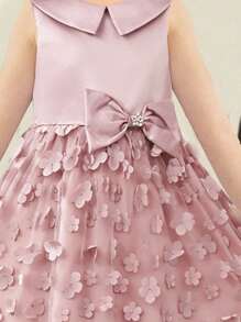SHEIN Tween Girls' Elegant Collared Sleeveless Detachable Bow Decor Smocked Dress - Pink - View 3
