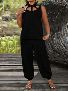 SHEIN LUNE Plus Size Women Casual Turn-Down Collar Cutout Top & Drawstring Hem Pants Set - Black - View 7