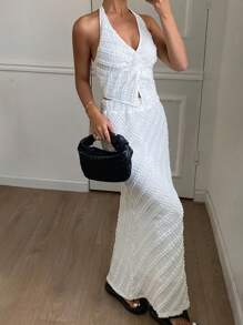 Livesso Women's Solid Color Textured Sleeveless Top And Long Midi Skirt, 2 Pieces Outfit Cruise Outfit For Women Short Sets For Women - White - View 3