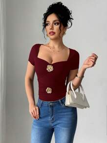 Elenzga 女士性感优雅派对方领玫瑰金属纽扣不对称修身弹力柔软休闲短袖 T 恤 - 酒紅色 - 查看 6