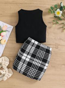 SHEIN 2 件套时尚优雅年轻女孩度假可爱女孩（小）夏季服装 - 黑色 - 查看 2