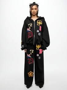 SUMWON WOMEN 大学徽章贴片慢跑运动裤学院运动贴花运动休闲运动裤复古字母风格校园休闲街头休闲舒适宽松秋冬 - 黑色 - 查看 3