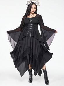 ROMWE Gothic Sheer Romantic Flared Sleeve Drawstring Design Slim Fit Plus Size T-Shirt - Black - View 1