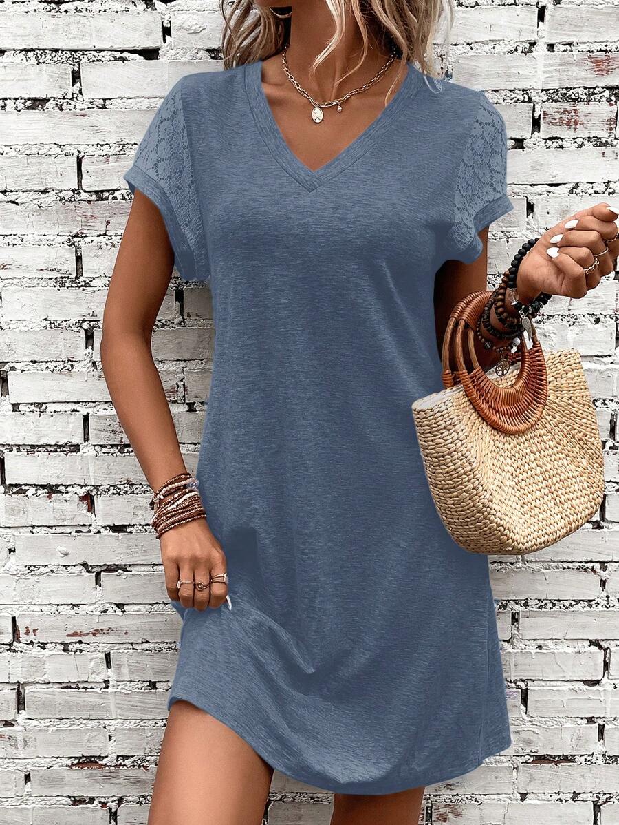 SHEIN LUNE Women's Solid Color V-Neck Lace Short Sleeve Straight Casual Midi Dress