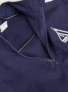 SHEIN Leap Crew 2pcs Kids Boys Casual Korean Style Loose Half-Zip Hoodie & Shorts Set,Summer Short Sleeve Outing Outfit For School,Garden,Beach,Birthday,Spring,Fall - Navy Blue - View 4