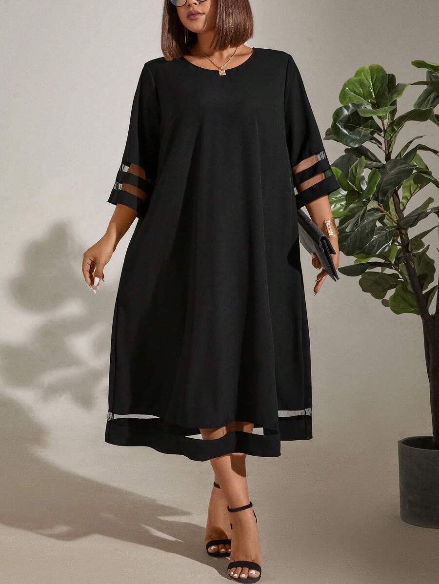 EMERY ROSE Plus Size Loose Mesh Splice Casual Dress Maxi Women Outfit - Black - View 1