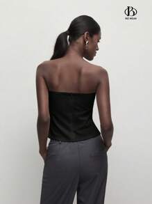 BizChic 女士纯色褶皱无袖吊带背心，优雅浪漫休闲日常穿着，简约时尚基本款商务休闲衬衫，Y2K 街头潮流 - 黑色 - 查看 3