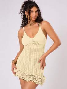 MUSERA Vestido corto de verano con volantes de ganchillo y punto para talla grande, ideal para vacaciones en Ibiza