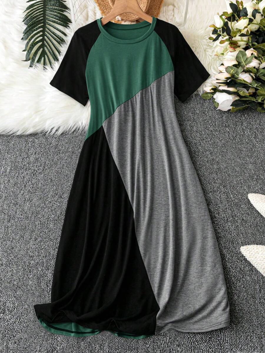 EMERY ROSE Plus Size Simple Fashion Short Sleeve Dress Suitable For Summer - Multicolor - View 1