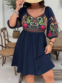SHEIN VCAY Vestido corto de talla grande con escote corazón, estampado retro floral y animal, cintura definida y falda campana. Vestido casual bohemio para días festivos y San Valentín
