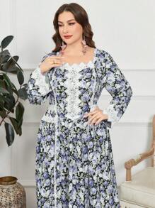 Al Najma Plus Size Long Sleeve Floral Lace Trim Arabic Women Dress,Modest - Purple - View 3