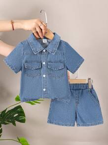 Baby Boys Casual Shirt Collar Blue Washed Denim 2pcs Set
