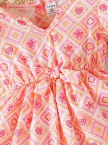 SHEIN Baby Girl Summer Cute Lantern Sleeve Round Neck Bowknot Retro Print Casual Comfortable Outdoor Dress