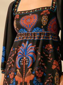 CAJUNI 女士波西米亚风热带椰子树、银杏叶和鹦鹉印花黑色底色灯笼袖短裙休闲海滩夏装 - 彩色 - 查看 5