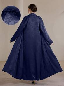 Graceveil Fashionable Elegant Jacquard Fabric Arabic Style Open Front Robe, Spring/Summer Modest Abaya - Navy Blue - View 2