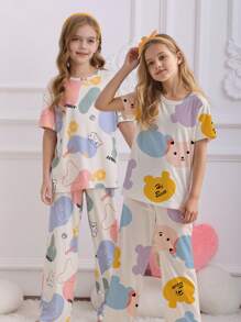 SHEIN Leap Crew Tween Girl Casual Minimalist Cartoon Bear Pattern Round Neck Short Sleeve Pants Lounge Sets, Summer