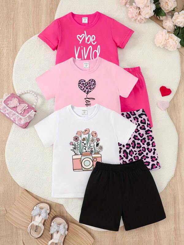 GraphicGems 6pcs/Set Young Girl Casual Cute Leopard, Heart, Camera, Flower, Letter Print Basic Short Sleeve T-Shirt And Shorts Set, School, Campus, College