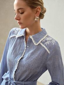 MOTF PREMIUM FLORAL EMBROIDERY DUAL POCKET DRESS - Blue - View 3