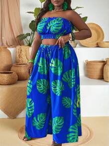 Slaydiva 女式大码荷叶边吊带上衣和纸袋腰阔腿裤印花 - 彩色 - 查看 6