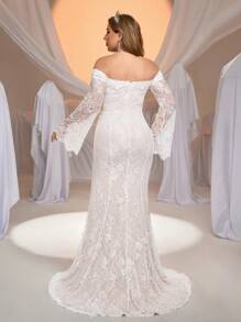 Glamrae 加大码优雅奢华透视可拆卸长袖露肩喇叭下摆弹力蕾丝性感露背鱼尾长裙，适合婚礼、派对、节日、毕业典礼、新娘 - 白色 - 查看 4