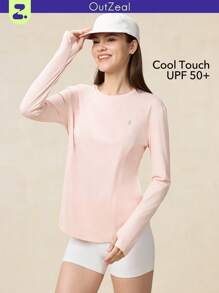 OutZeal 女士户外粉色T恤，适合徒步健身，长袖，防紫外线，触感凉爽，弧形下摆，侧边口袋带拇指孔