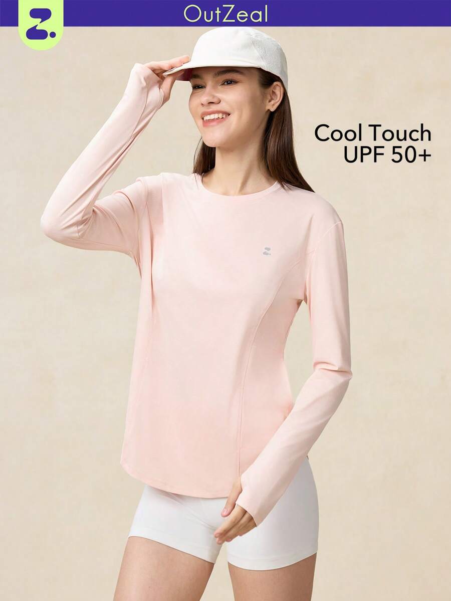 OutZeal 女士户外粉色T恤，适合徒步健身，长袖，防紫外线，触感凉爽，弧形下摆，侧边口袋带拇指孔