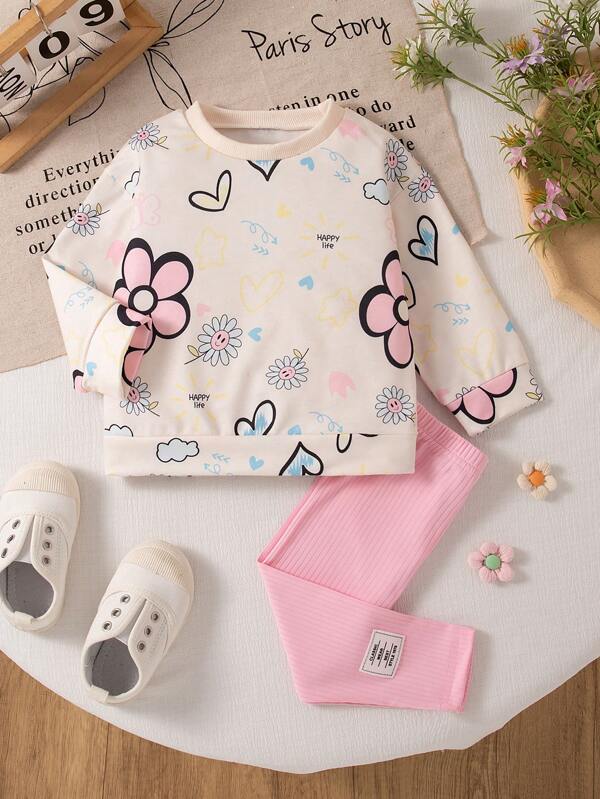 SHEIN Baby Girl Flower Print Rib Knit Crew Neck Sweatshirt And Ribbed Leggings Comfortable And Stylish Outfit Set, Autumn/Winter