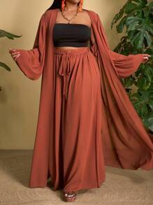 Slaydiva Conjunto de 2 piezas de ropa de mujer de talla grande, versátil y sencilla, ideal para playa/estilo bohemio, festivales, raves, Pascua, conciertos de música country, salidas, estilo fairy, aeropuerto, estilo occidental, casual. Incluye blusa de manga farol + pantalón ancho/holgado/fluido. Traje suave de 2 piezas para mujer en primavera. - Óxido marrón - Ver 4