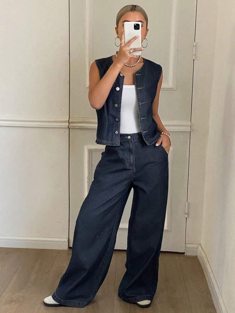 Women's Summer Sleeveless Open Front Denim Vest And Denim Pants 2 Pieces Casual Outfit