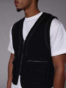 Musero Contrast Stitch Zip Pockets Sleeveless Utility Vest Only - Black - View 2