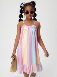 SHEIN Girls Rainbow Multicolor Stripe Print Spaghetti Strap Ruffle Hem Casual Holiday Dress - Multicolor - View 4