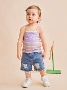 SHEIN 2pcs/Set Baby Girls Peter Pan Collar Rainbow Ribbed Tee + Elastic Waist Denim Ripped Shorts Set, Adorable Casual Outfit For Summer - Multicolor - View 3