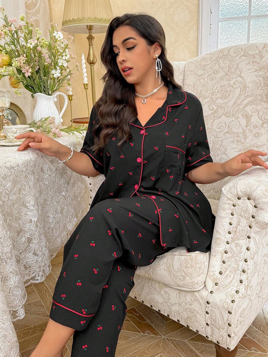 FloralLove Plus Size Women Cherry Printed Loose And Comfortable Women's Top & Pants Pajama Set, Home Wear Set For Spring, Bountiful Floral Splendor  Cozy And Elegant Details - Black - View 1