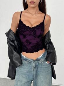 Rina Fox 法式性感蕾丝撞色露背吊带背心女式图案 T 恤女式上衣 - 紫色 - 查看 4