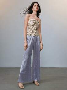 SHEIN LUNE Conjunto de camisola com alças finas e calças largas em folha de ouro - Damasco - Ver 6