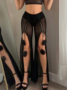 Sweetina Boho Vacation Summer For Women Country Concert Satin Ribbon Criss-Cross Waist 3D Floral Decor Tight-Fitting Flared Mesh Pants - Black - View 1