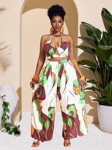 Slaydiva Plus Size Women's Sleeveless Tied Neck Hollow Out Wide Leg Jumpsuit With Print, Sexy & Bodycon, For Spring & Summer Vacation - Multicolor - View 6
