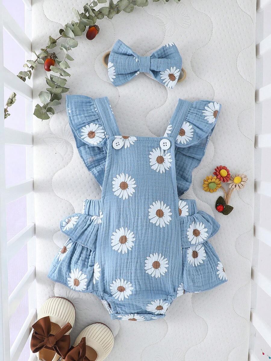 SHEIN Newborn Baby Daisy Floral Print Square Collar Ruffle Hem Bodysuit - Multicolor - View 1