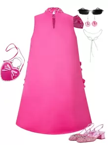 SHEIN Explorewe Tween Girls' Elegant Beaded Collar Asymmetric Bow Flare Hem Sleeveless Dress, Suitable For Parties, Weddings, Vacation And Events, Spring/Summer - Hot Pink - View 2
