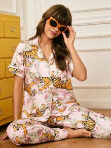 Leopard Plants Print Front Opening Ladies Sleepwear Set - Multicolor - View 3