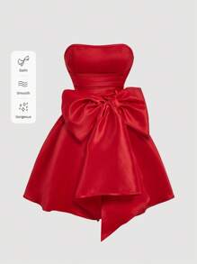 SHEIN MOD 女士红色侧蝴蝶结抹胸短款上衣连衣裙 - 紅色 - 查看 9