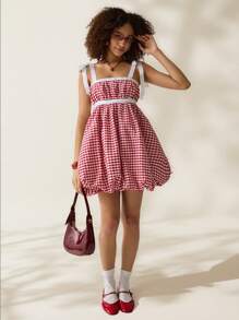 Easelle Women's Sweet Casual Vacation Red & White Checkered Bow Knot Mini Dress, Spring/Summer - Red and White - View 9