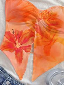 Soleia Women Vacation Style Orange Tropical Flower & Tie-Dye Print Top With Asymmetrical Hem, Suitable For Spring/Summer Holidays - Orange - View 3