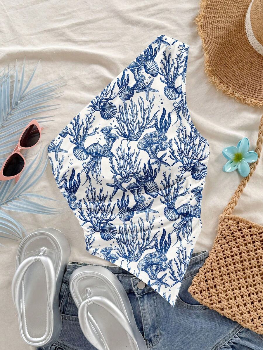 Soleia Top ajustado informal con un hombro, con arrugado, fruncido, dobladillo asimétrico, estampado de animales marinos, estampado azul - Multicolor - Ver 1