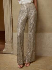 MOTF PREMIUM SEQUIN FLARE LEG PANTS - Apricot - View 2