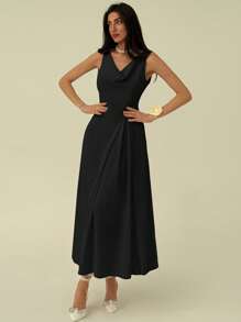 Aloruh Elegant Minimalist Office Outfit Draped Neck A-Line Pleated Midi Dress For Women - Black - View 8